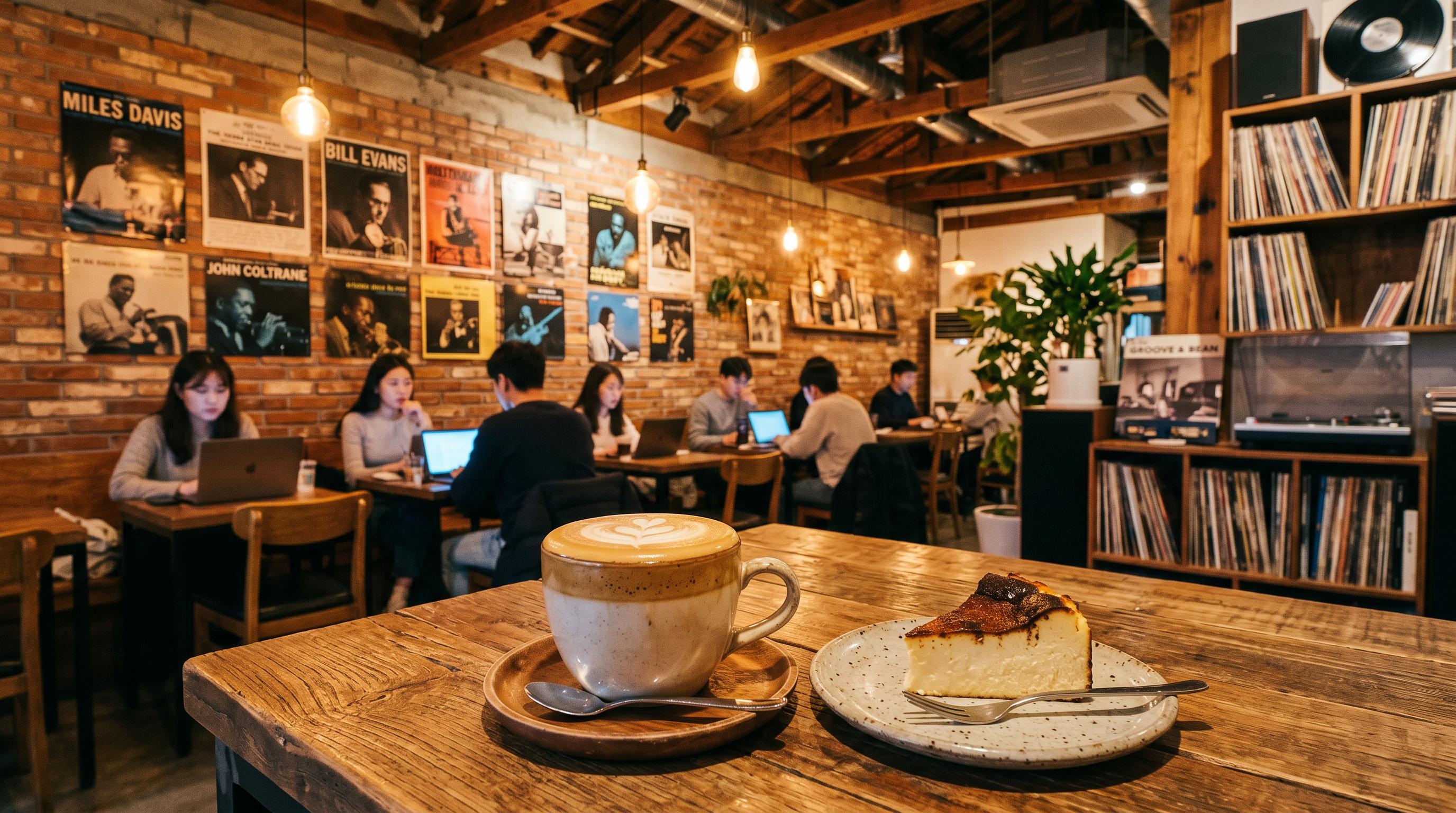 Cozy interior of Cafe Loft with jazz posters, vinyl records, Dalgona latte and Basque cheesecake